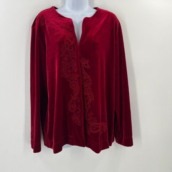 Chico's Size 3 (XL) Red Velvet Embroidered Jacket Open Front Cardigan Holiday Pa - Picture 12 of 12